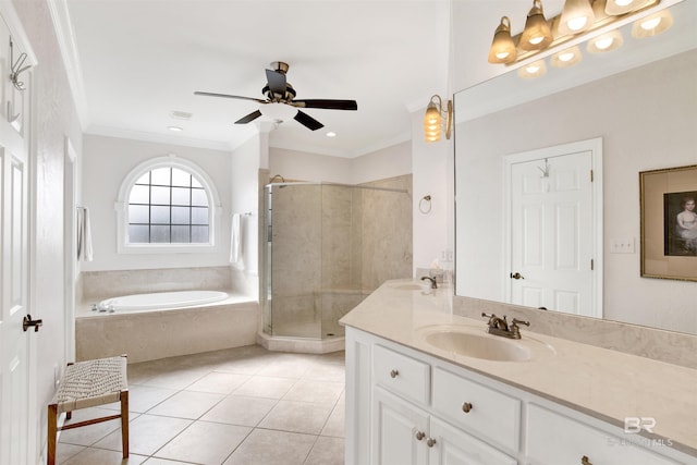 bathroom featuring vanity, tile patterned floors, ornamental molding, and plus walk in shower