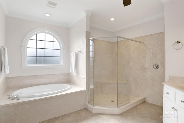 bathroom with tile patterned floors, ornamental molding, and plus walk in shower