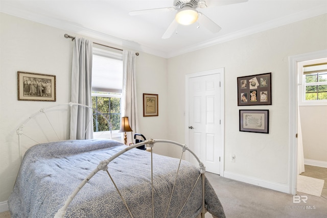 bedroom featuring ceiling fan, ornamental molding, and carpet