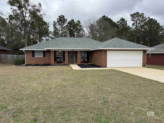 single story home featuring a garage, a porch, and a front lawn