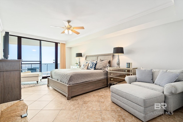 bedroom featuring access to outside, ornamental molding, floor to ceiling windows, and ceiling fan