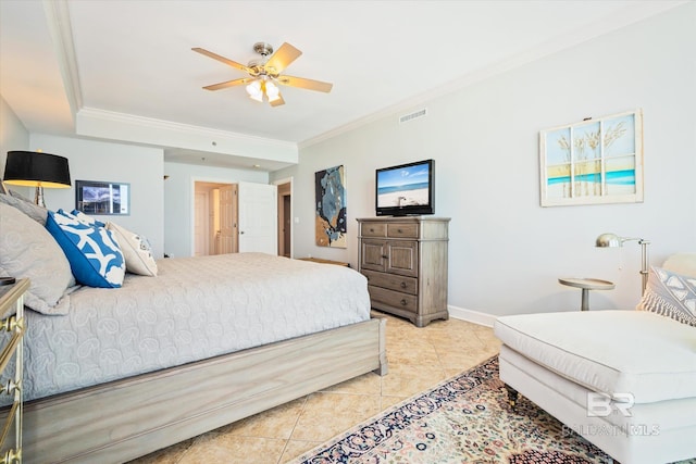 tiled bedroom with ceiling fan and ornamental molding