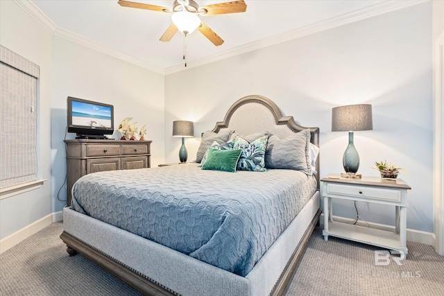 bedroom featuring carpet, crown molding, and ceiling fan