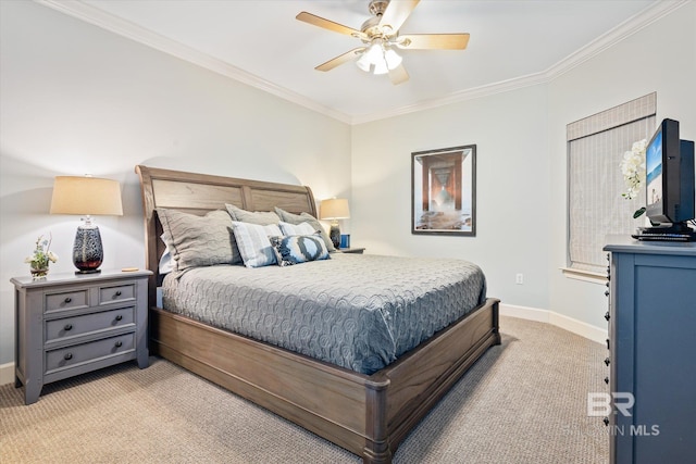 bedroom featuring light carpet, ceiling fan, and ornamental molding