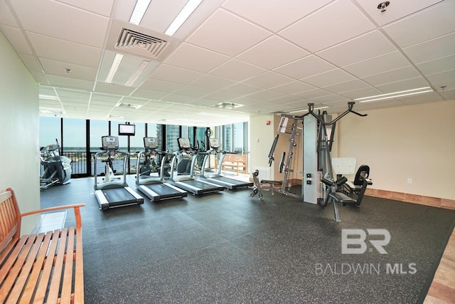 workout area featuring a drop ceiling, floor to ceiling windows, and a wealth of natural light