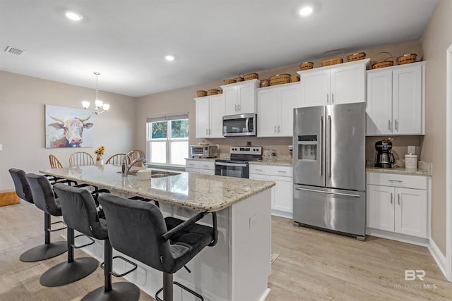 kitchen with sink, white cabinetry, stainless steel appliances, hanging light fixtures, and a kitchen island with sink