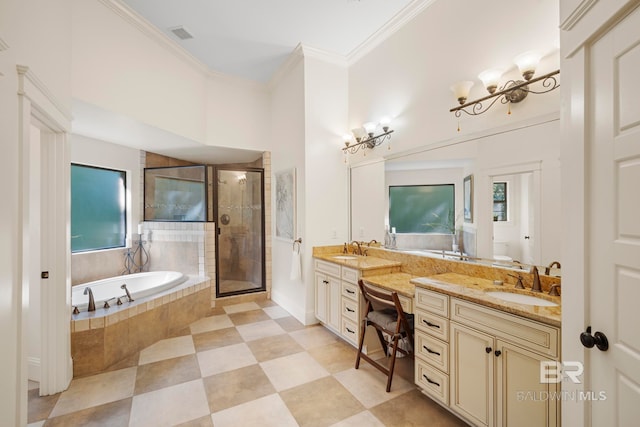 full bathroom with vanity, crown molding, shower with separate bathtub, and a healthy amount of sunlight