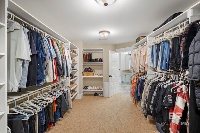 walk in closet with carpet