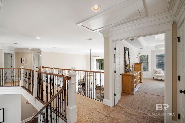 hall with crown molding and light carpet