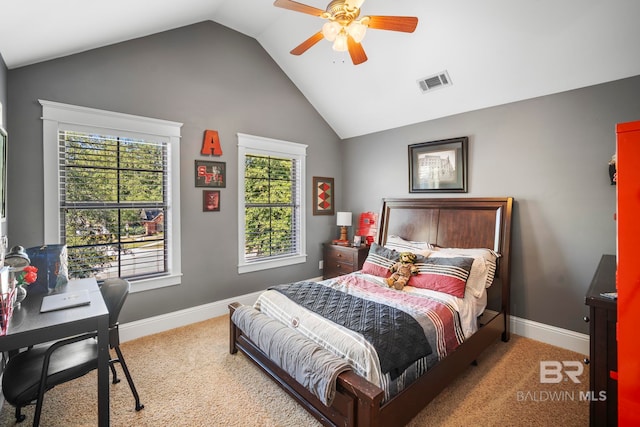 carpeted bedroom featuring ceiling fan and lofted ceiling