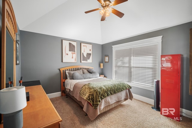 carpeted bedroom with high vaulted ceiling and ceiling fan