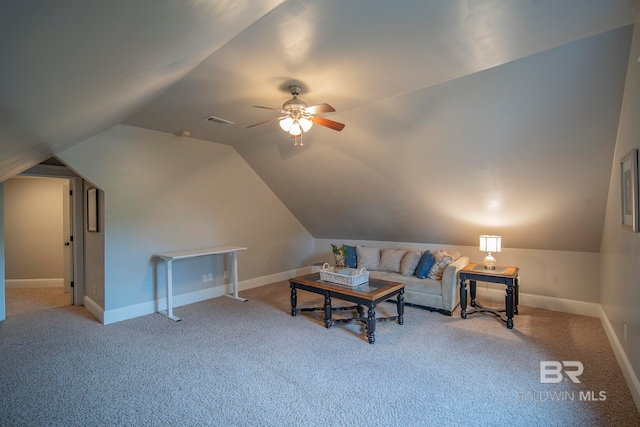 carpeted living room featuring lofted ceiling and ceiling fan