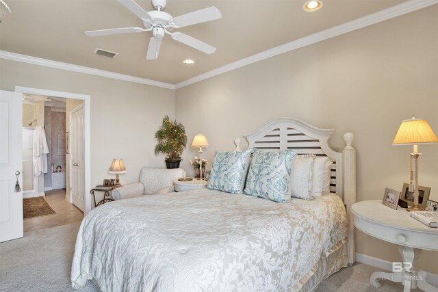 bedroom with carpet flooring, crown molding, and ceiling fan