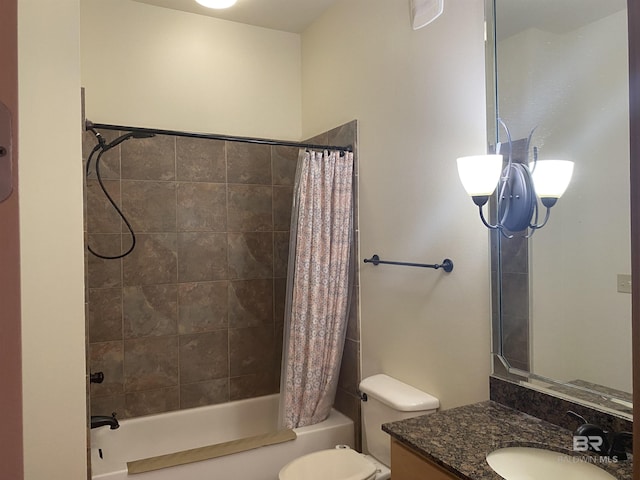 full bathroom with toilet, shower / tub combo with curtain, and vanity