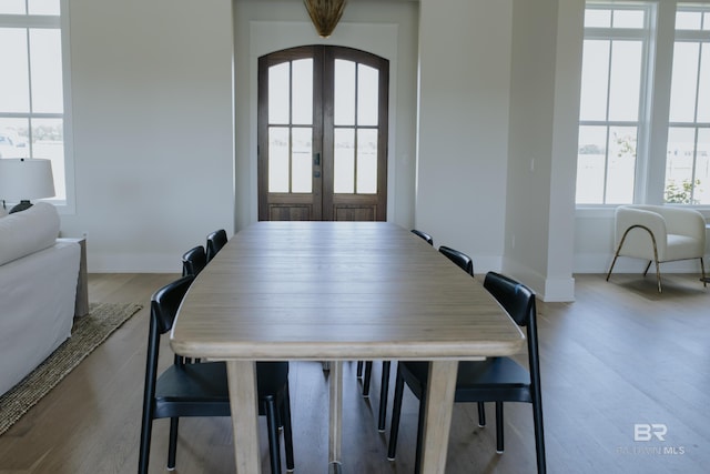 21767 Gallery Blvd, Fairhope, AL 36532 - dining room with french doors, wood finished floors, baseboards, and arched walkways