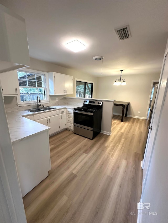 kitchen with kitchen peninsula, sink, electric stove, decorative light fixtures, and white cabinets