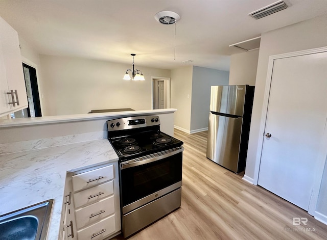 kitchen with white cabinets, light wood-type flooring, hanging light fixtures, and appliances with stainless steel finishes