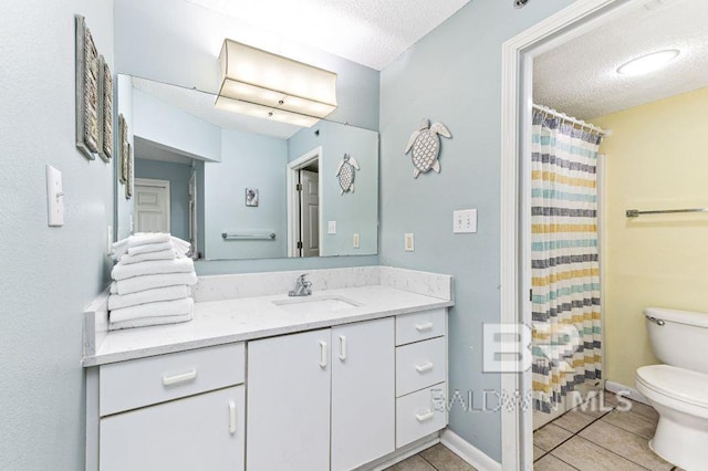 bathroom with walk in shower, tile patterned flooring, a textured ceiling, toilet, and vanity