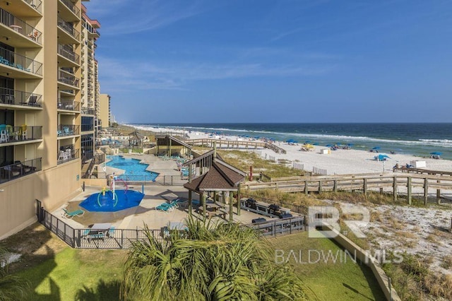 property view of water featuring a view of the beach