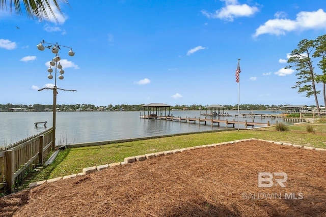 dock area featuring a water view and fence
