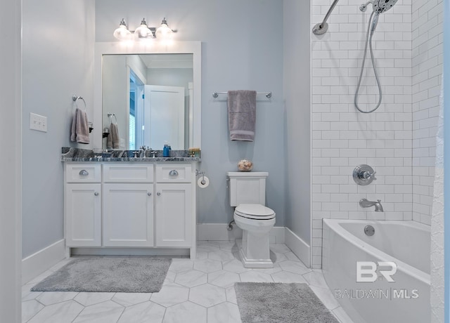 bathroom with vanity, baseboards, tub / shower combination, and toilet
