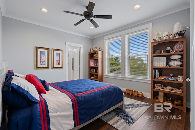 bedroom featuring ceiling fan, recessed lighting, baseboards, wood finished floors, and ornamental molding