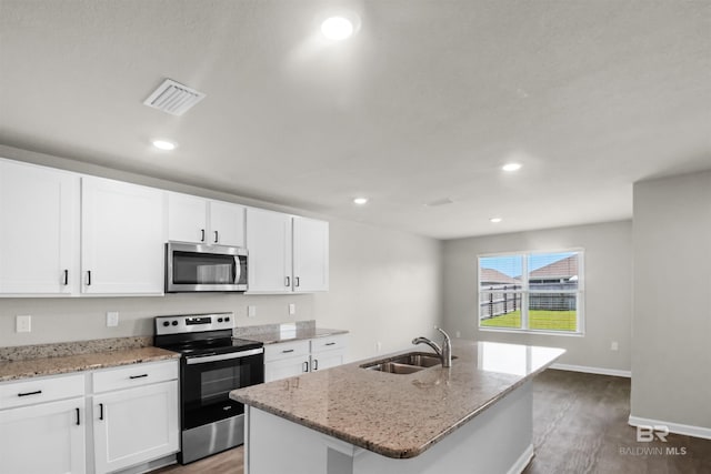 kitchen with a sink, light wood-style floors, stainless steel appliances, white cabinets, and visible vents