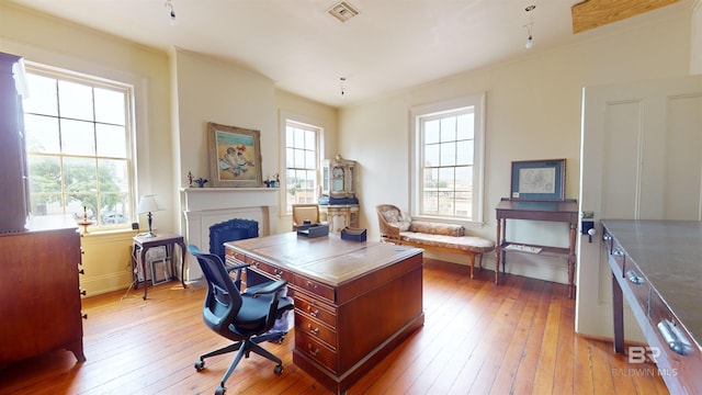 office space with hardwood / wood-style flooring and a wealth of natural light