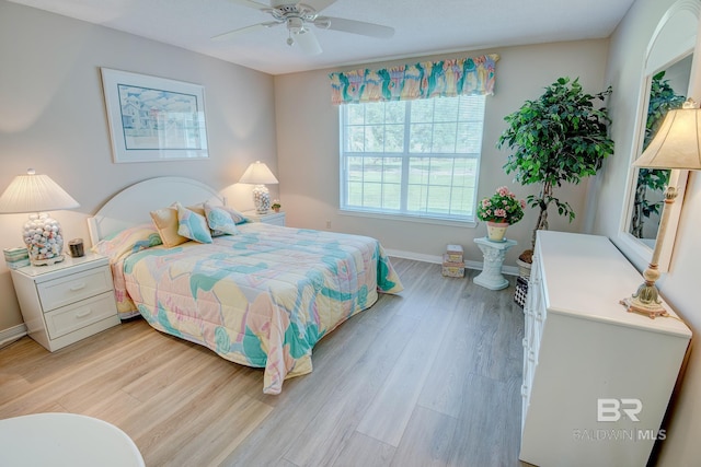 bedroom featuring light hardwood / wood-style floors and ceiling fan