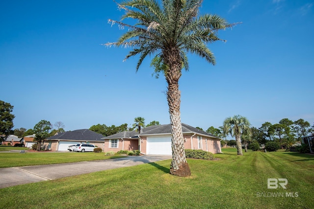 ranch-style home featuring a front yard and a garage