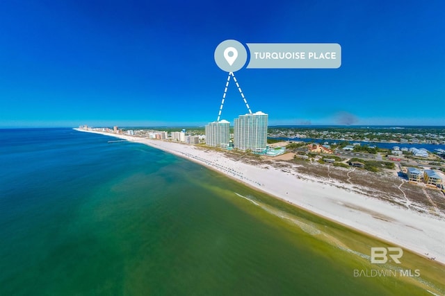 drone / aerial view with a view of the beach and a water view