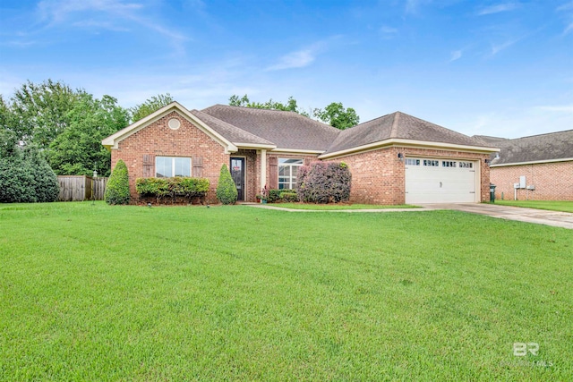 ranch-style home with a garage and a front yard