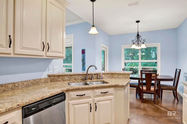 kitchen with an inviting chandelier, light stone counters, decorative light fixtures, sink, and dishwasher