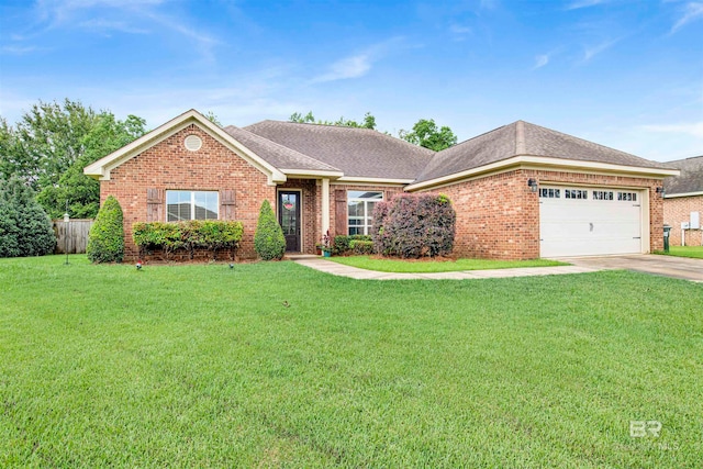 view of front of property with a front yard and a garage