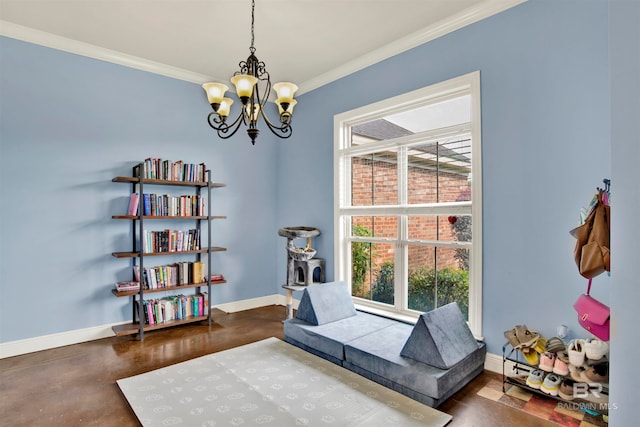 living area featuring an inviting chandelier and crown molding