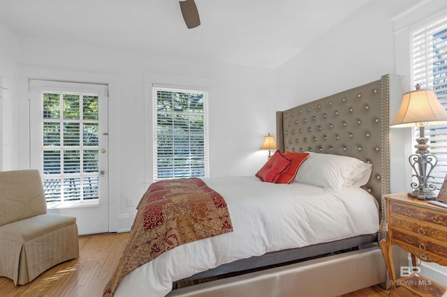 bedroom featuring multiple windows, ceiling fan, and light hardwood / wood-style floors