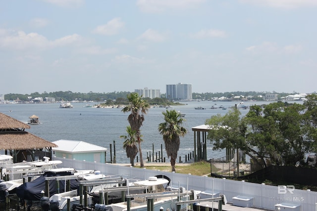 property view of water with a dock