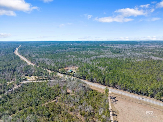 drone / aerial view with a wooded view