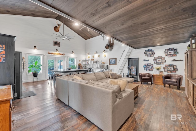 30857 Cypress St, Perdido Beach, AL 36530 - living area with dark wood finished floors, a ceiling fan, a wood ceiling with exposed beams, and high vaulted ceiling