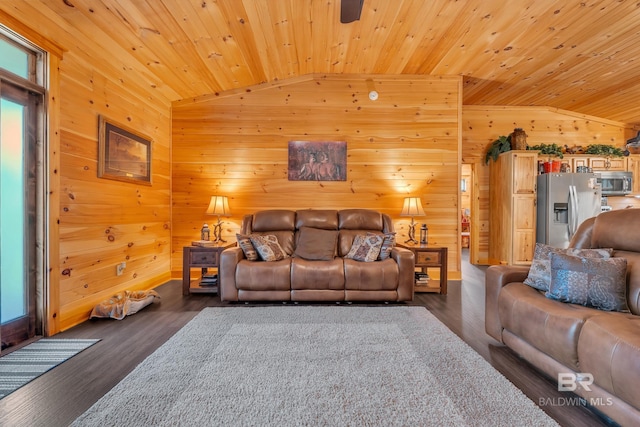 30857 Cypress St, Perdido Beach, AL 36530 - living area with lofted ceiling, wood walls, wooden ceiling, and dark wood-type flooring