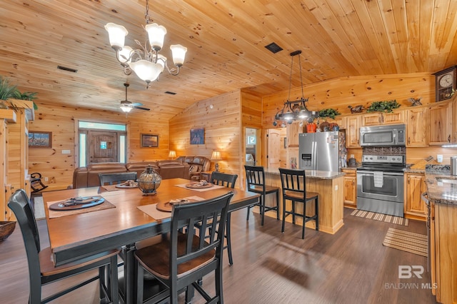 30857 Cypress St, Perdido Beach, AL 36530 - dining room with lofted ceiling, a chandelier, wooden walls, wooden ceiling, and dark wood finished floors