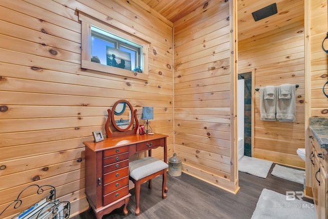 30857 Cypress St, Perdido Beach, AL 36530 - office area featuring dark wood-style flooring, wooden ceiling, and wooden walls