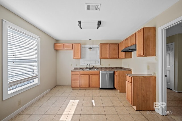 kitchen with light tile patterned floors, decorative light fixtures, stainless steel dishwasher, and sink