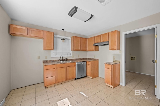 kitchen with dishwasher, light tile patterned floors, sink, and decorative light fixtures