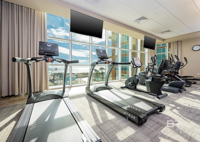workout area with visible vents and expansive windows