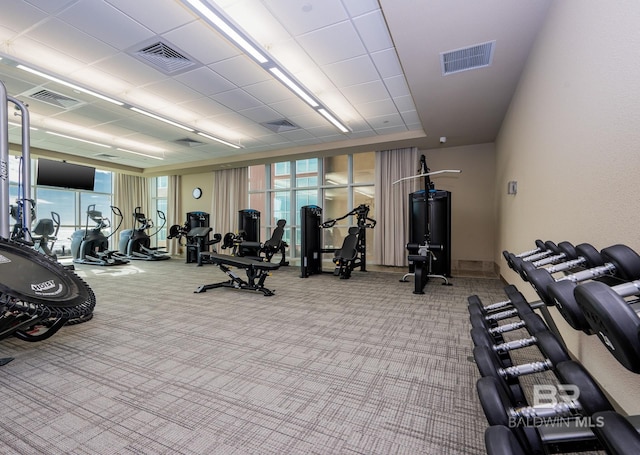 gym featuring carpet and visible vents