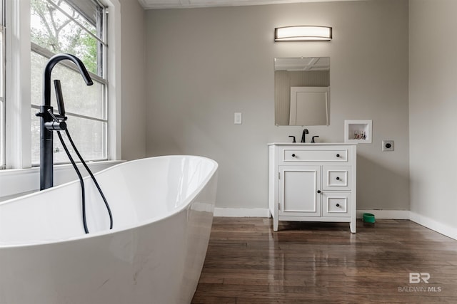 bathroom with vanity, a bathtub, and wood-type flooring