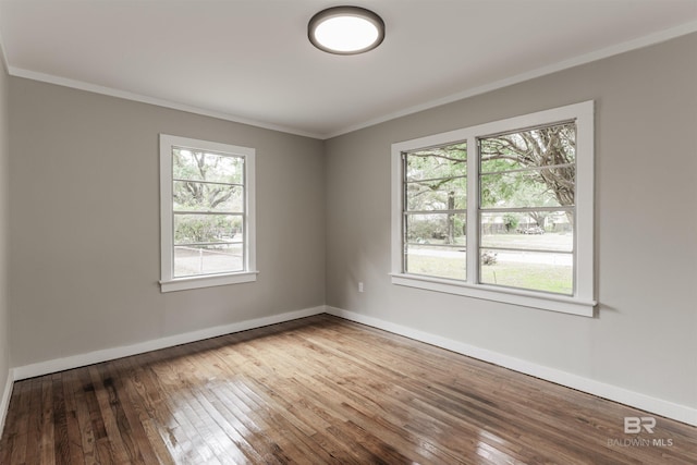 empty room featuring crown molding and wood-type flooring