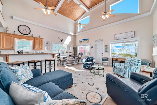 living area with wooden ceiling, a healthy amount of sunlight, and beam ceiling