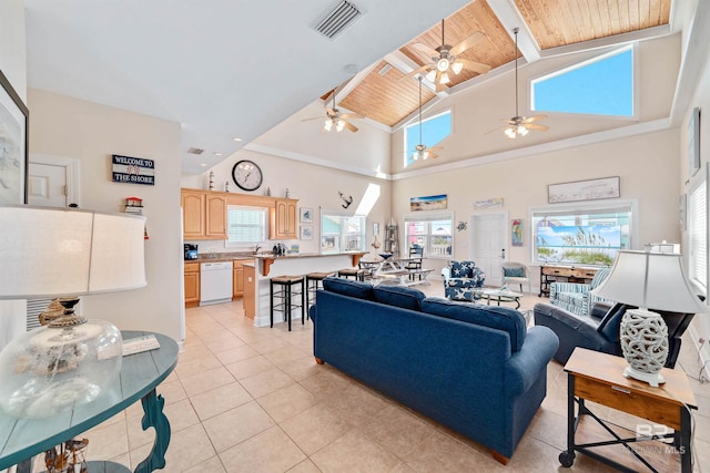 living room with high vaulted ceiling, wooden ceiling, visible vents, and light tile patterned floors